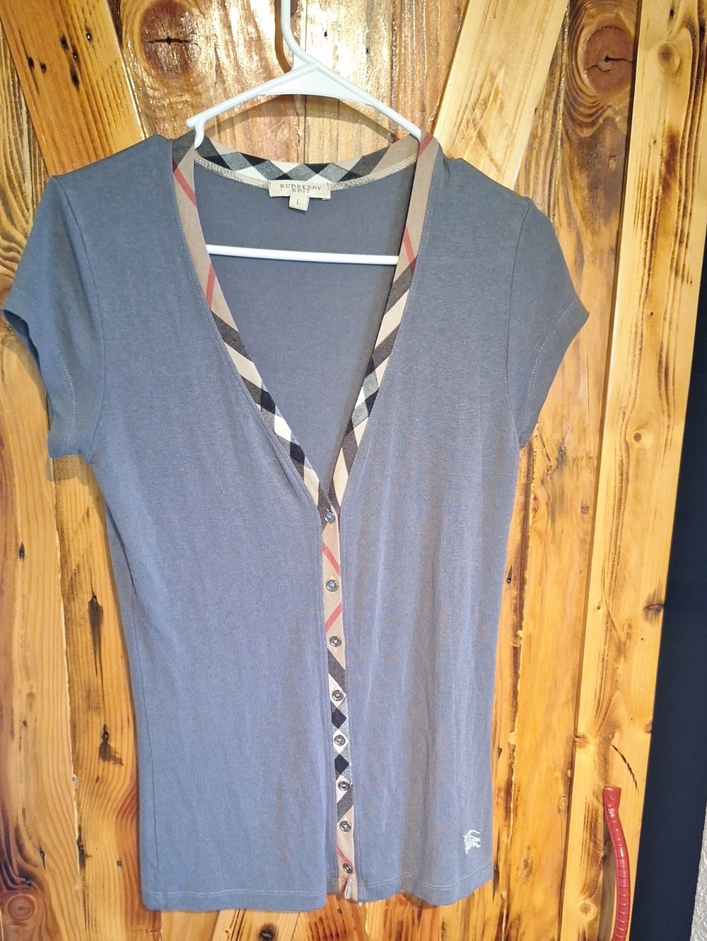 Womens Burberry Brit Large Gray Nova Check Viscose Button Up Cap Sleeve Blouse